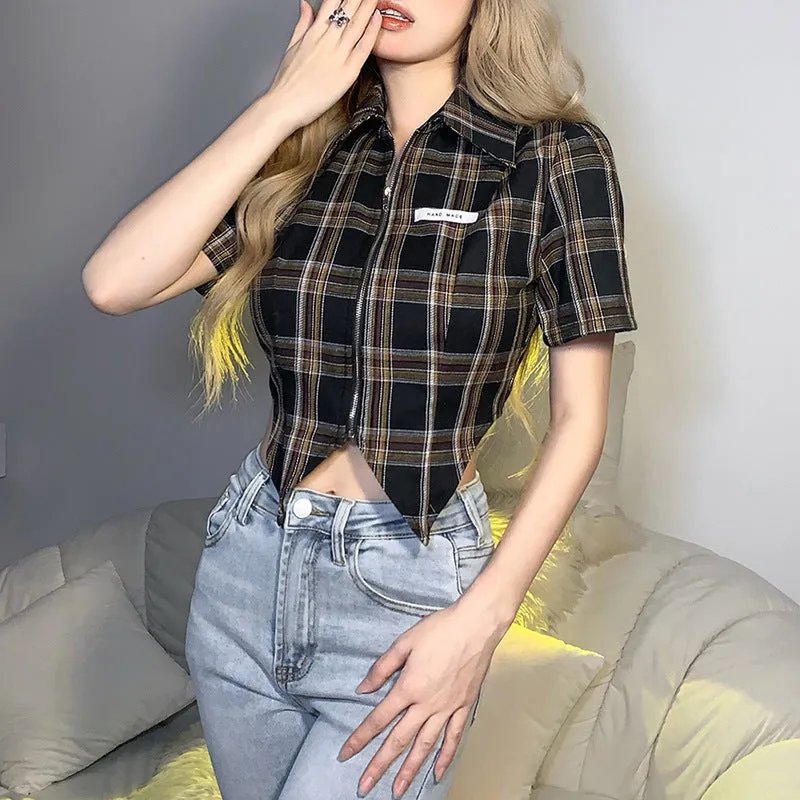 2022 summer new chic sexy slim fit lapel collar irregular cardigan waist cut T-shirt women shirt