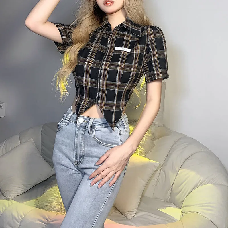 2022 summer new chic sexy slim fit lapel collar irregular cardigan waist cut T-shirt women shirt