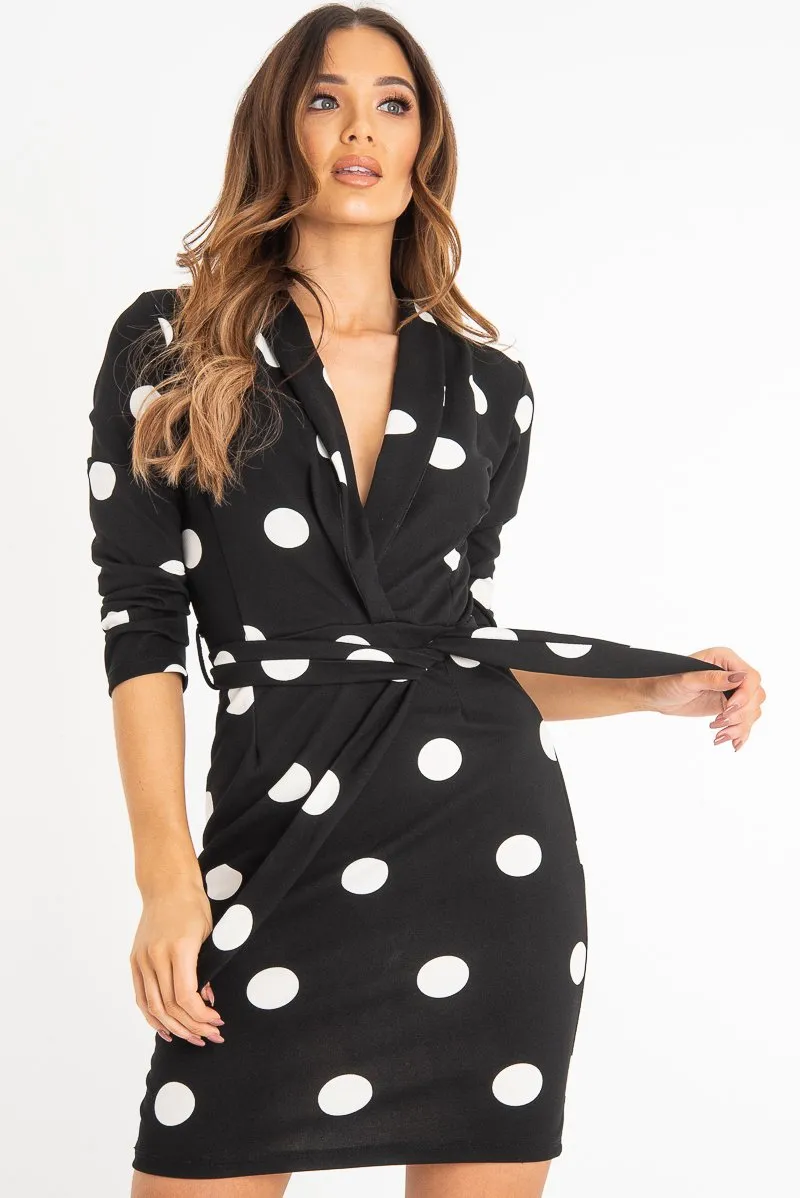 Black White Polka Dot Wrap Front Midi Dress - Daisy