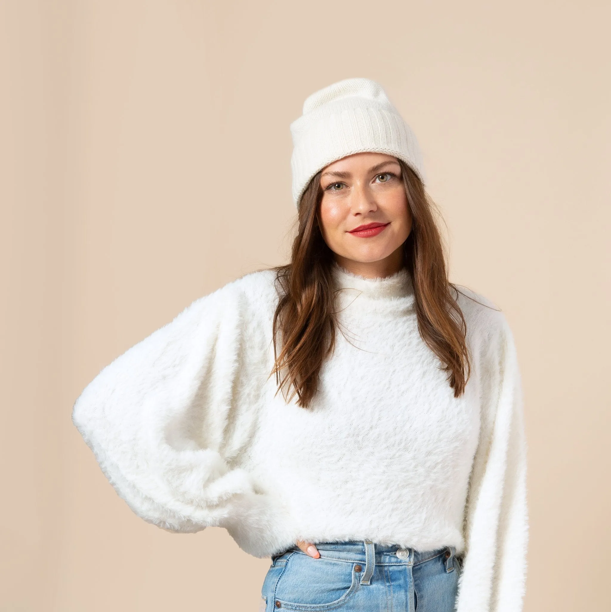 Cashmere Slouchy Cuff Beanie- Ivory