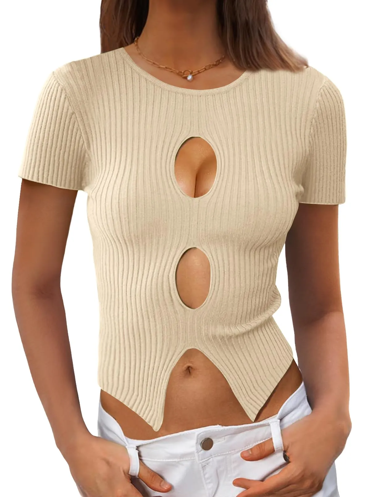 MEROKEETY Short Sleeve Slim Knit Y2K Cutout Crop Top