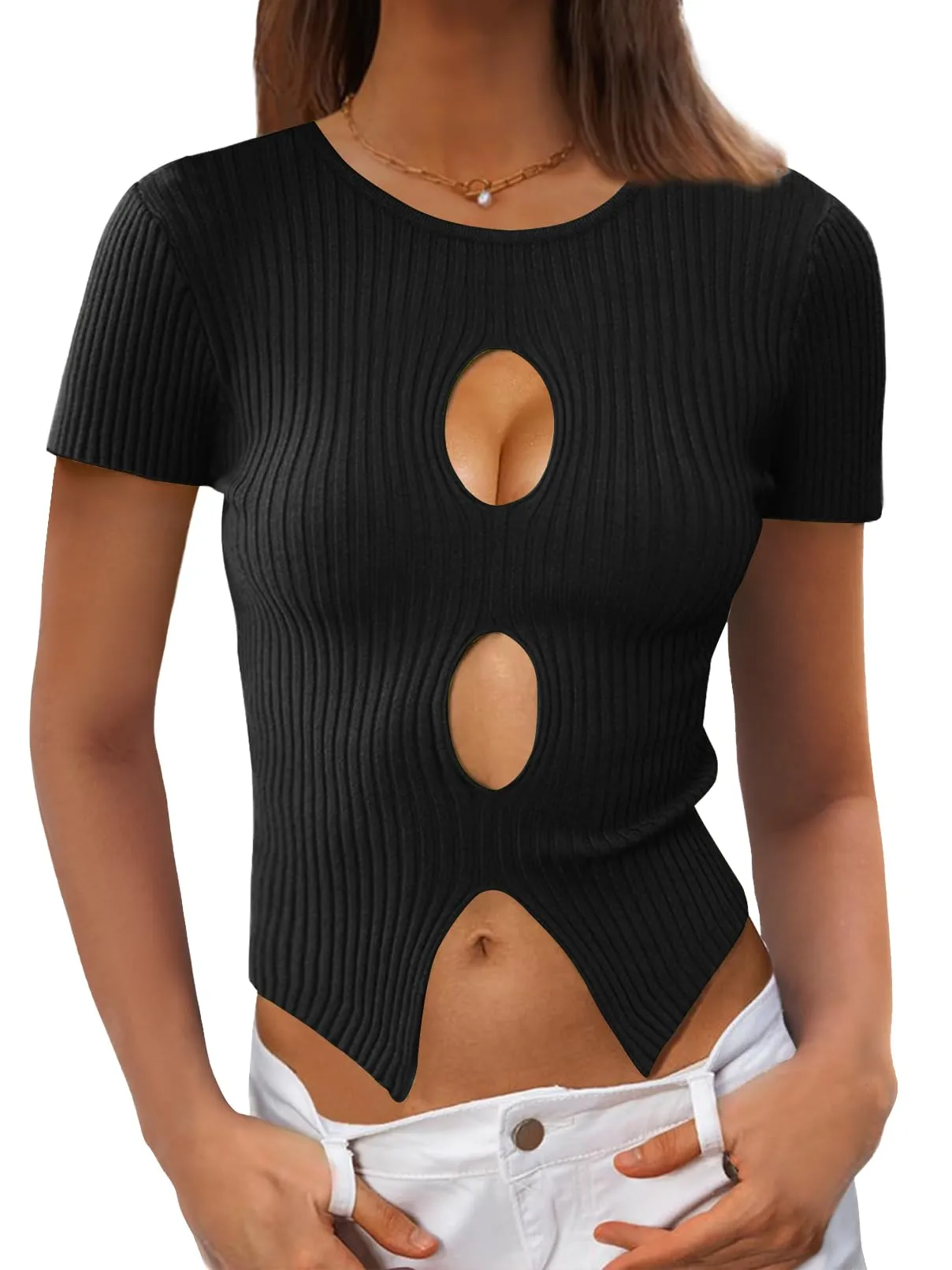 MEROKEETY Short Sleeve Slim Knit Y2K Cutout Crop Top