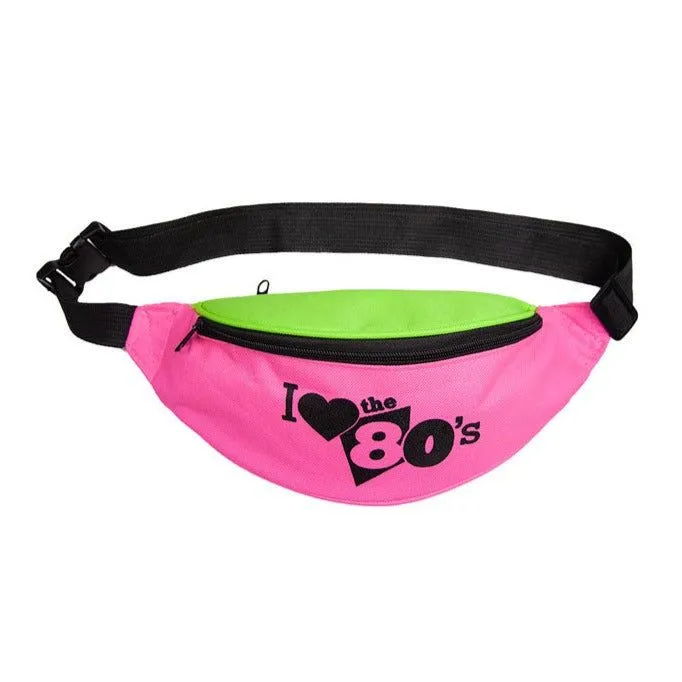 Multi-Coloured Neon Bum Bag - I Love The 80's, With 2 Zips & Adjustable Strap