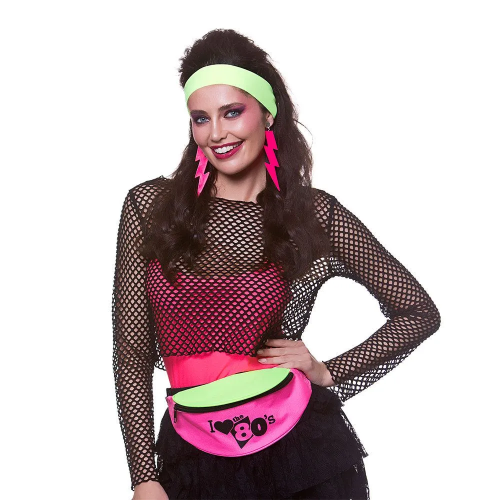Multi-Coloured Neon Bum Bag - I Love The 80's, With 2 Zips & Adjustable Strap
