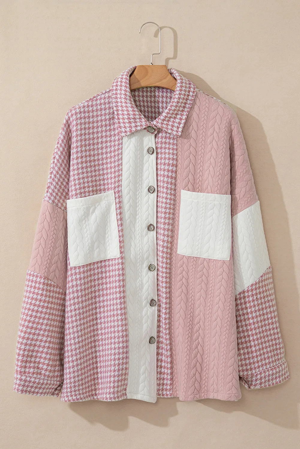 Pink Houndstooth Colour Contrast Textured Patchwork Loose Shacket