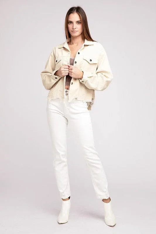 POL Oversized Ribbed Front Pocket Long Sleeves Shacket