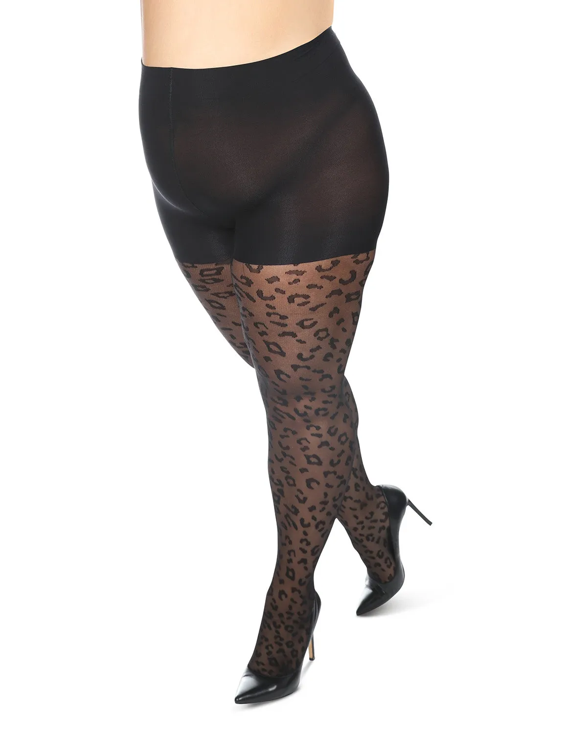 Women's Curvy Leopard Sheer Nylon Control Top Tights