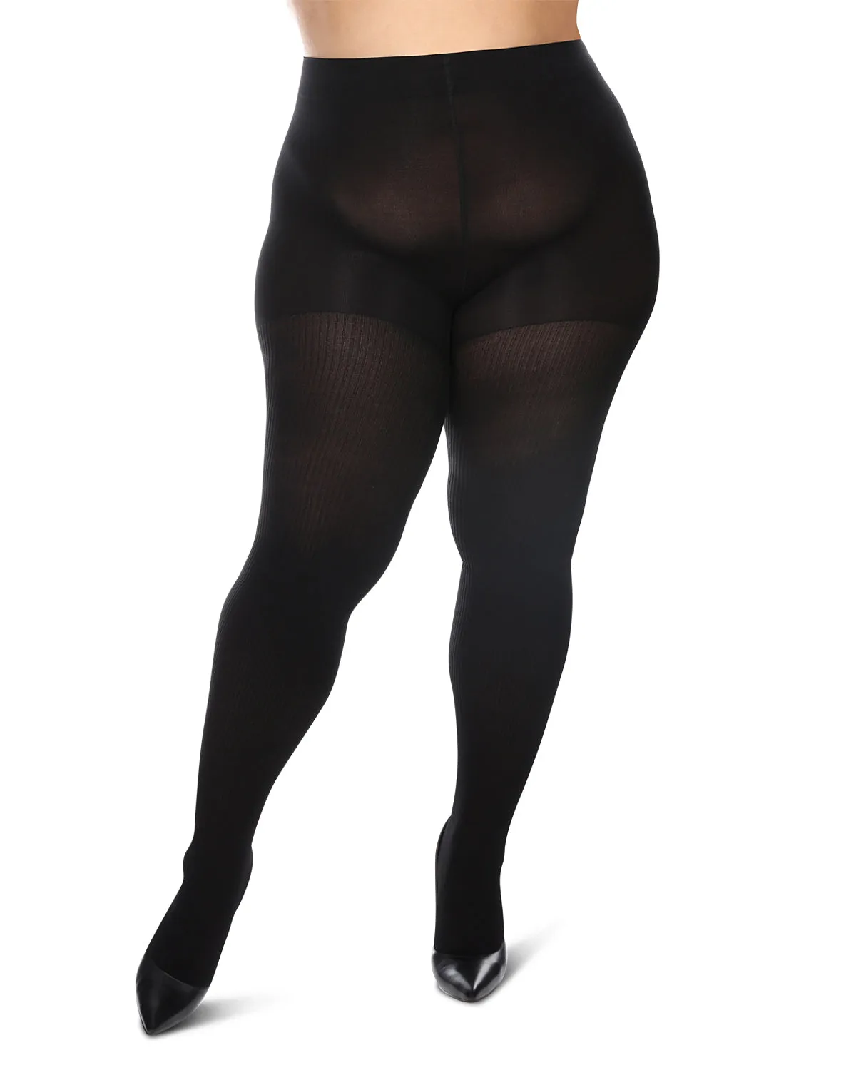 Women's Curvy Twin Rib Opaque Nylon Control Top Tights
